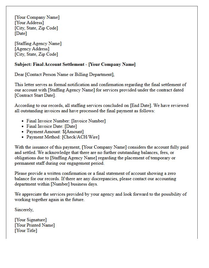 Final Account Settlement Letter for Staffing Agency Services