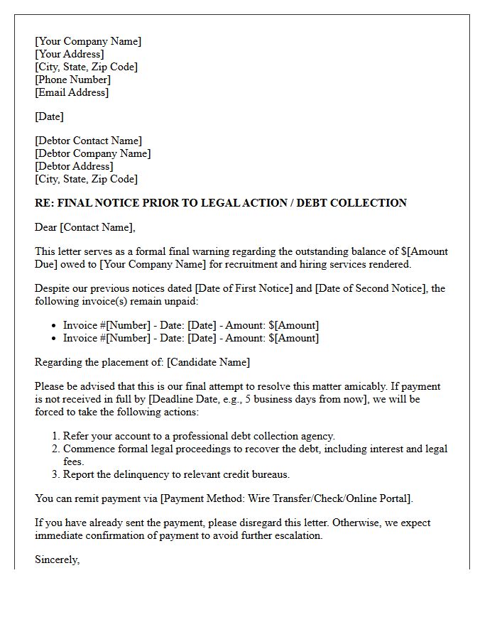 Final Warning Collection Letter for Unpaid Hiring Fees