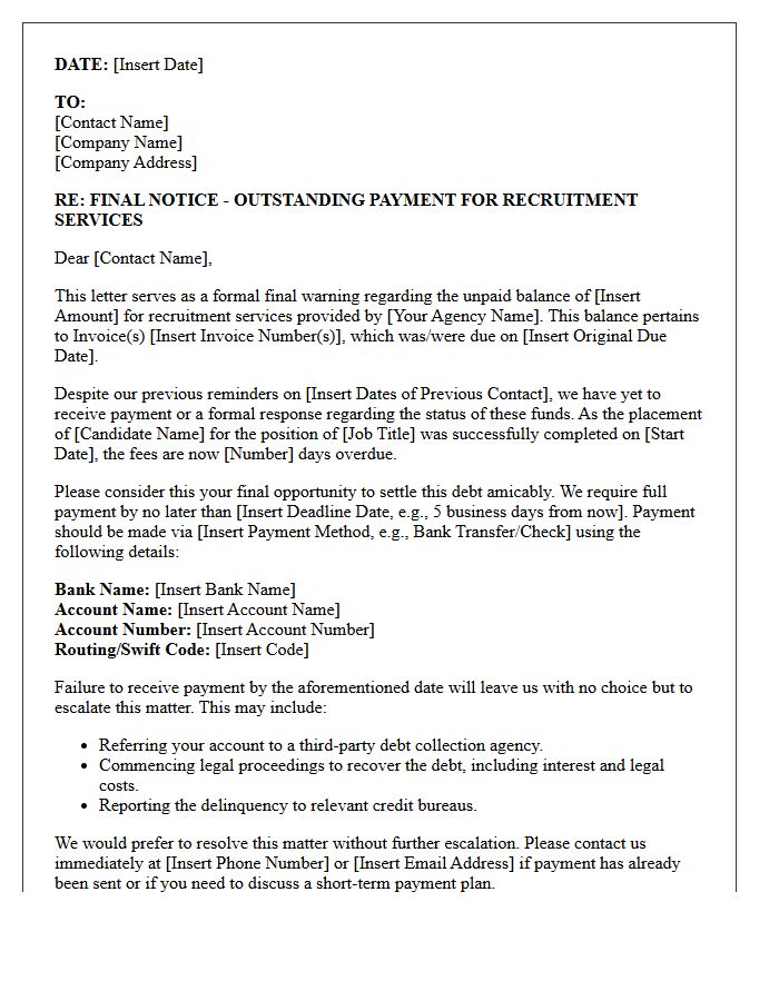 Final Warning Letter for Unpaid Recruitment Services