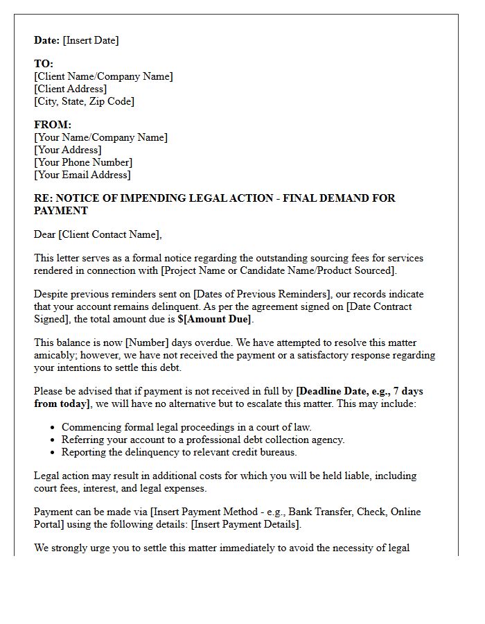 Notice of Impending Legal Action Letter for Unpaid Sourcing Fees