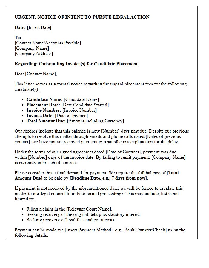 Pre-Legal Action Letter for Unpaid Candidate Placements