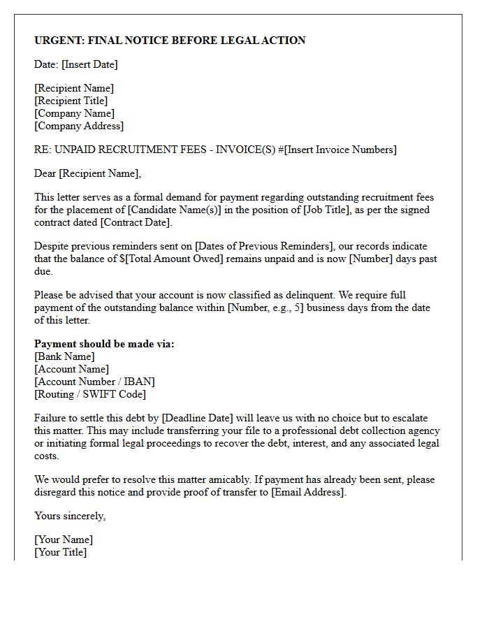 Urgent Debt Collection Letter for Unpaid Recruitment Contracts