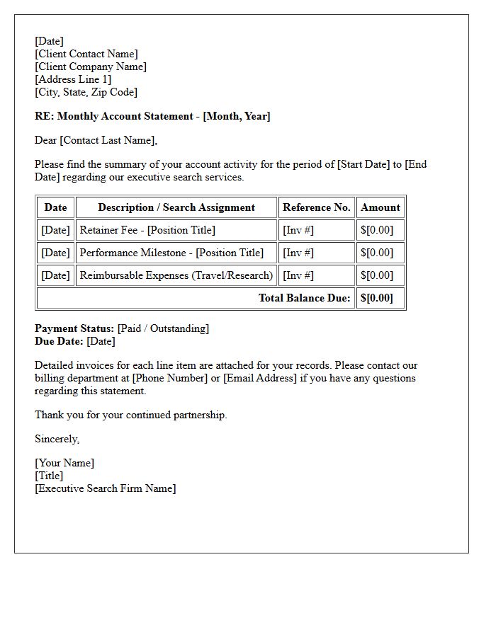 Executive Search Monthly Account Statement Letter