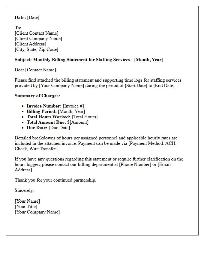Monthly Billing Statement Letter for Ongoing Staffing Services