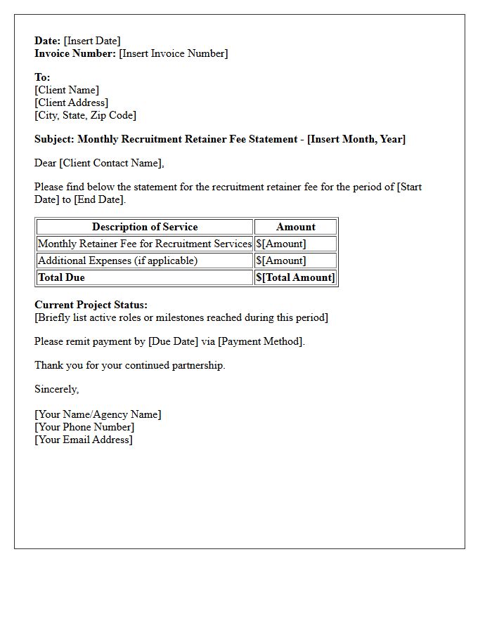 Monthly Recruitment Retainer Fee Statement Letter