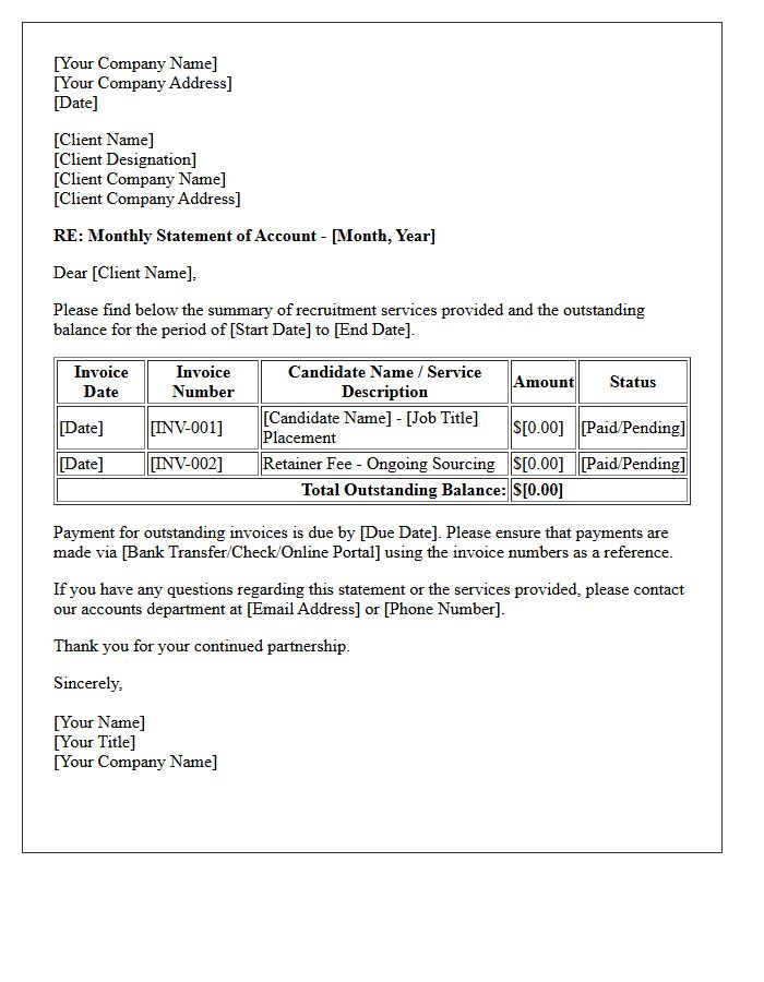 Monthly Statement of Account Letter for Ongoing Recruitment Services