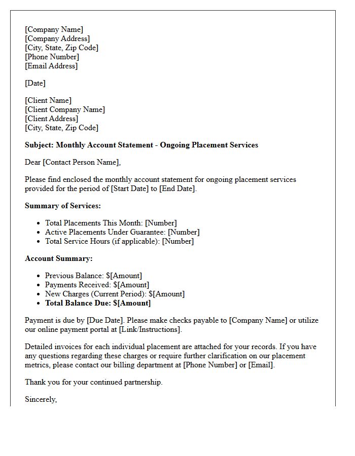 Ongoing Placement Services Monthly Account Statement Letter