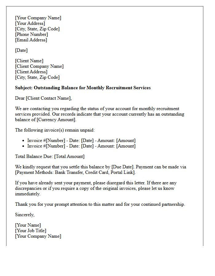 Outstanding Account Balance Letter for Monthly Recruitment Services