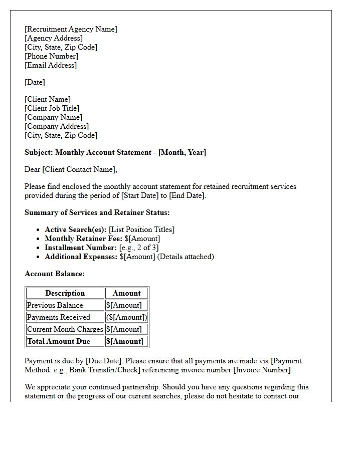 Retained Recruitment Services Monthly Account Statement Letter
