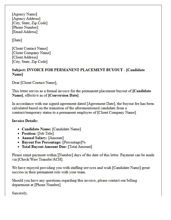 Candidate Permanent Placement Buyout Invoice Letter
