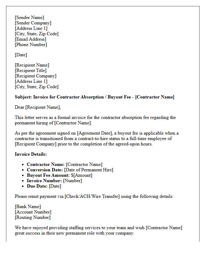 Contractor Absorption Buyout Fee Invoice Letter