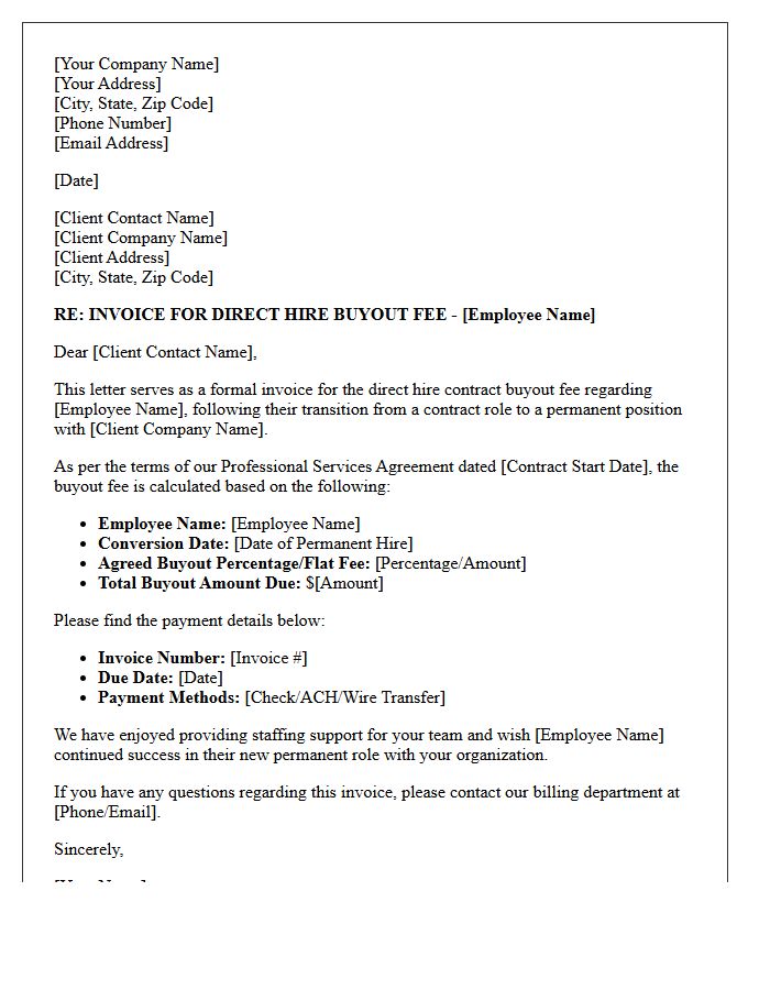 Direct Hire Contract Buyout Fee Invoice Letter