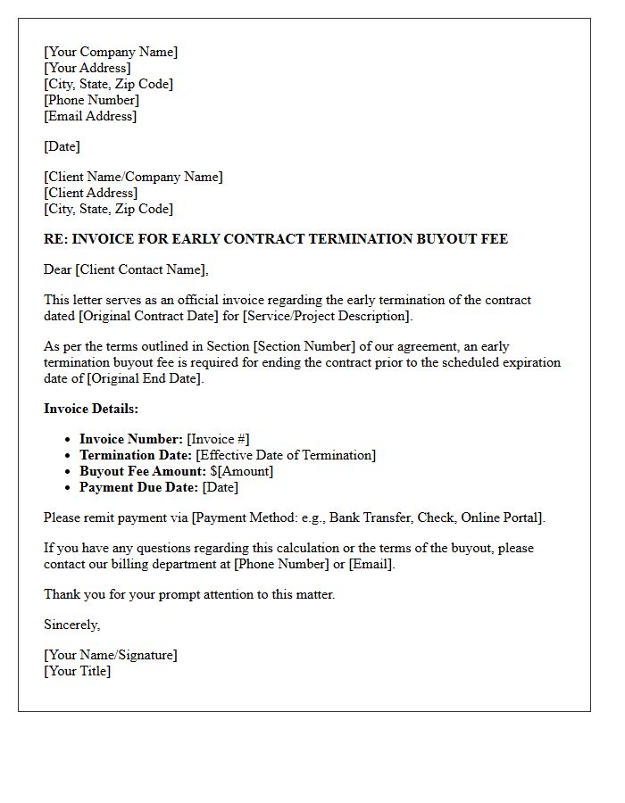 Early Contract Termination Buyout Fee Invoice Letter