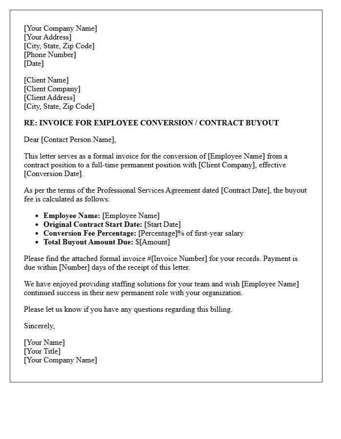 Employee Conversion Contract Buyout Invoice Letter