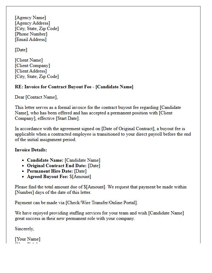 Recruitment Agency Contract Buyout Fee Invoice Letter