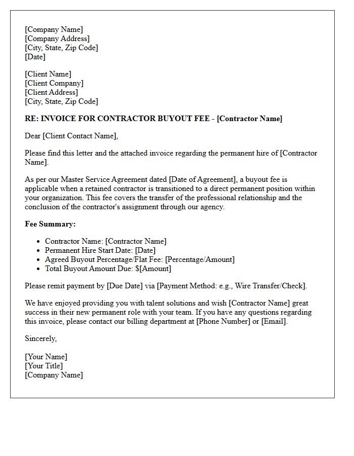Retained Contractor Buyout Fee Invoice Letter