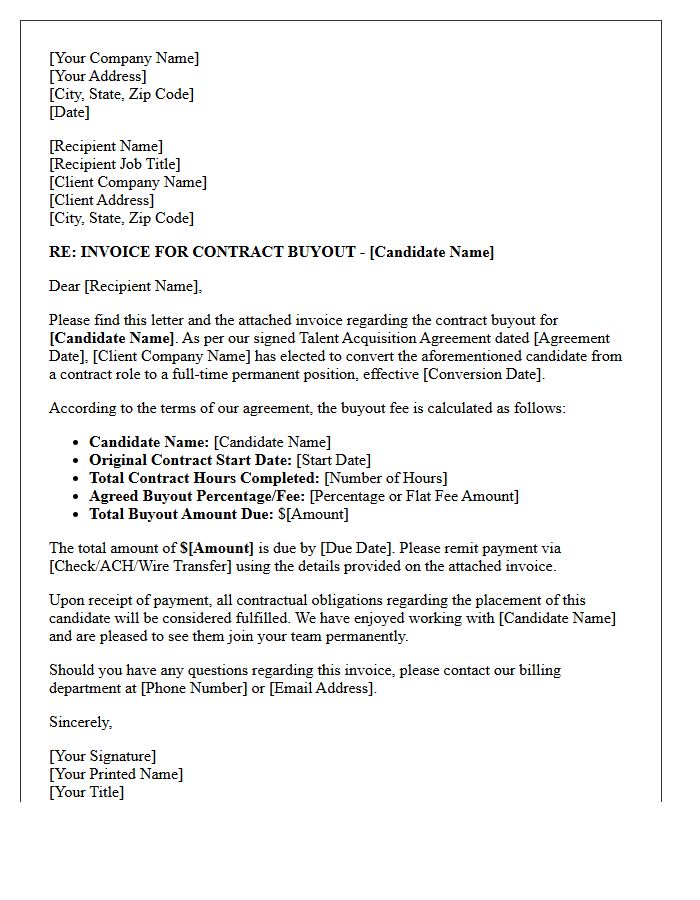 Talent Acquisition Contract Buyout Invoice Letter