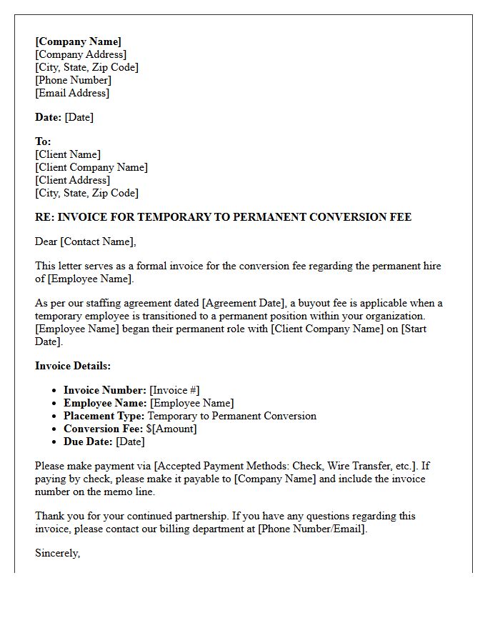 Temporary To Permanent Conversion Buyout Fee Invoice Letter