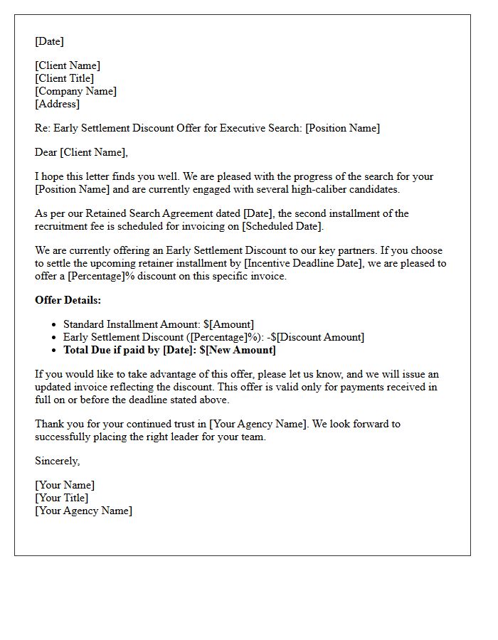Executive Search Retainer Early Settlement Discount Offer Letter