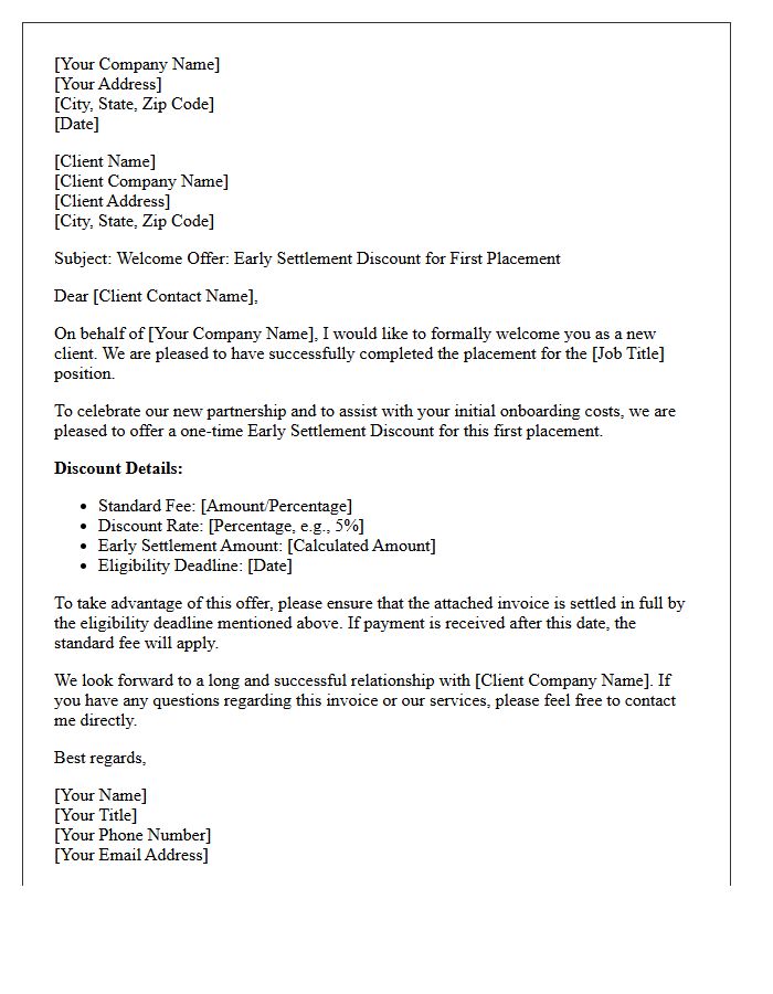 New Client First Placement Early Settlement Discount Offer Letter