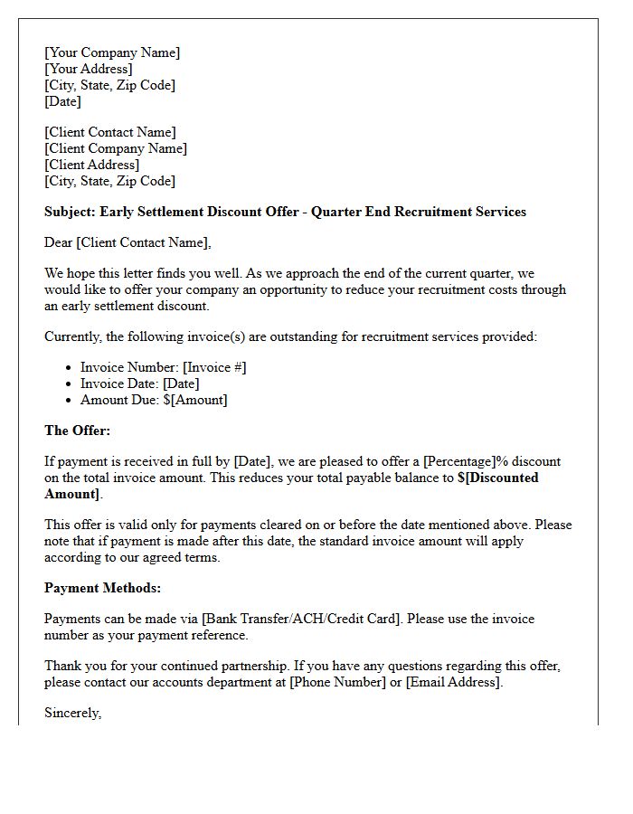 Quarter End Recruitment Invoice Early Settlement Discount Offer Letter