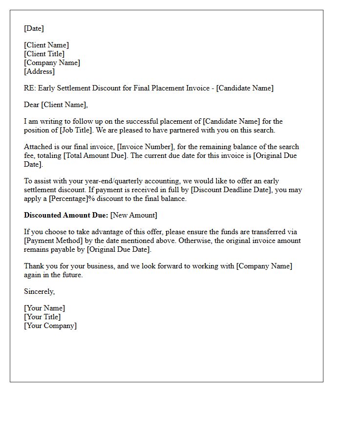Retained Search Final Invoice Early Settlement Discount Offer Letter