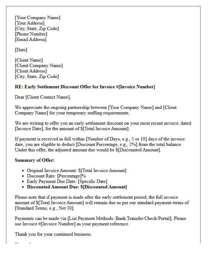 Temporary Staffing Invoice Early Settlement Discount Offer Letter
