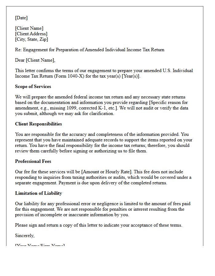Amended Individual Tax Return Preparation Engagement Letter