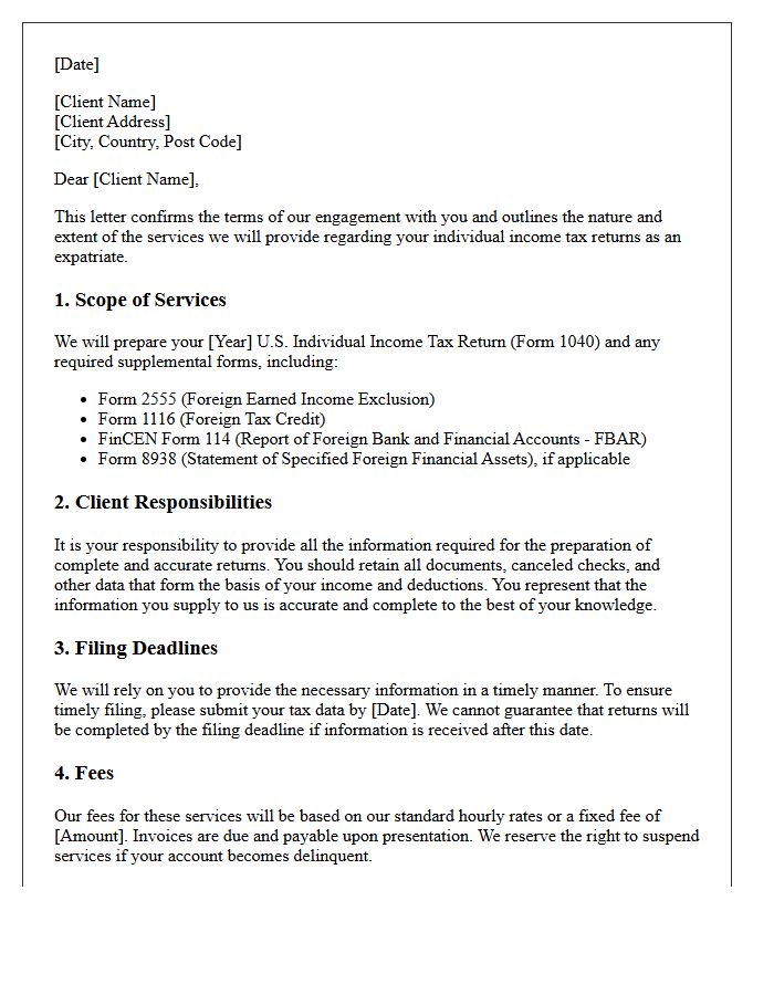 Expatriate Individual Tax Return Preparation Engagement Letter