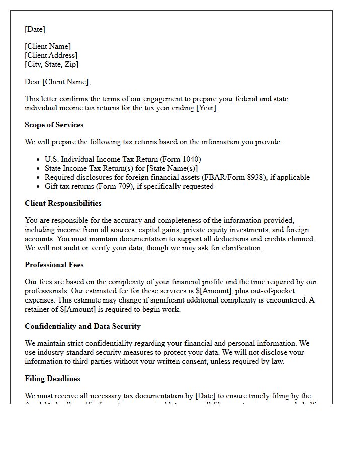 High Net Worth Individual Tax Return Preparation Engagement Letter