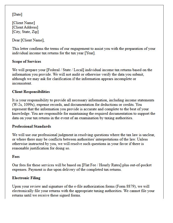 Individual Tax Return Preparation Advisory Engagement Letter
