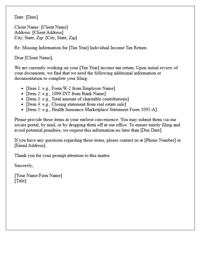 Individual Tax Return Preparation Missing Information Request Letter