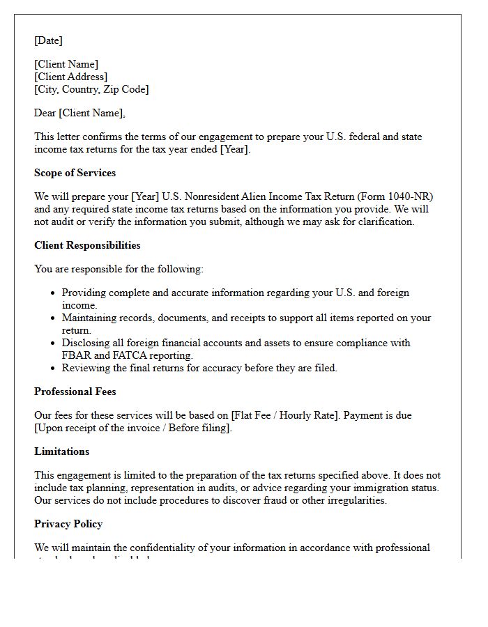 Nonresident Alien Individual Tax Return Preparation Engagement Letter