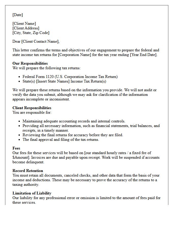 Corporate Tax Return Preparation Engagement Letter
