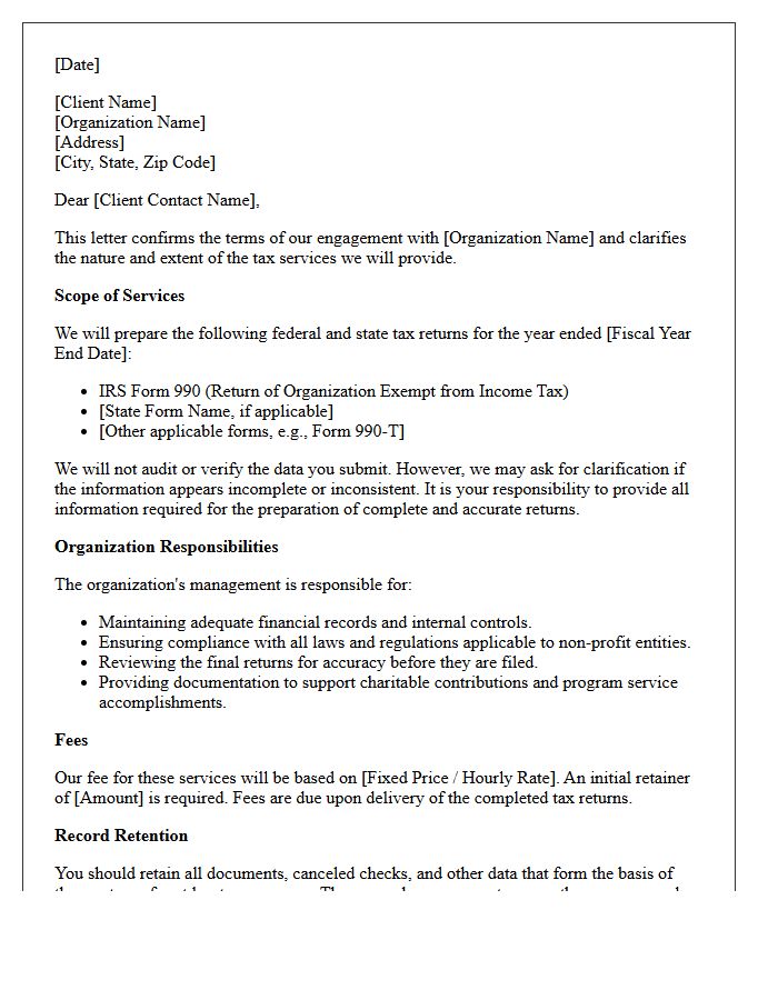 Non-Profit Tax Return Preparation Engagement Letter
