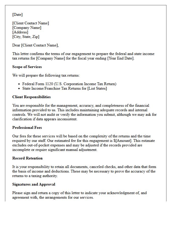 Corporate Income Tax Preparation Engagement Letter