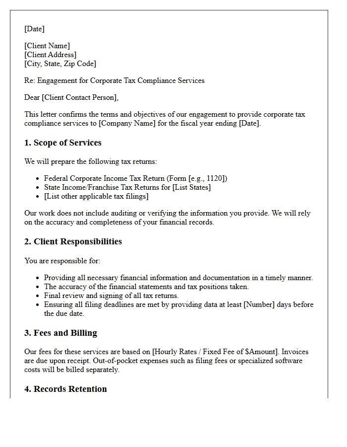 Corporate Tax Compliance Engagement Letter