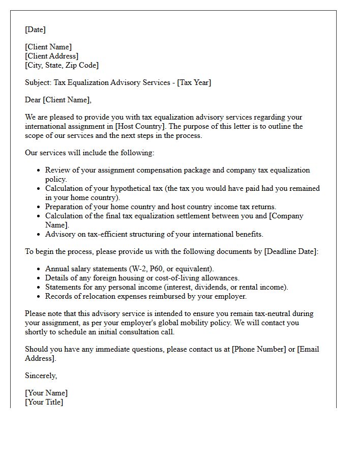 Tax Equalization Advisory Services Letter