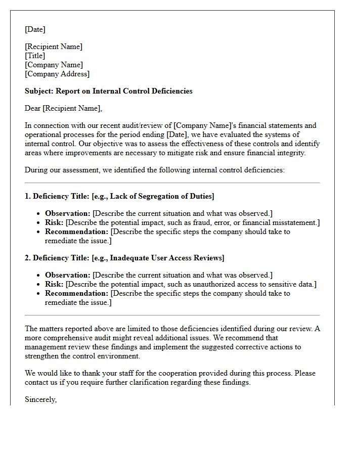 Internal Control Deficiencies Letter