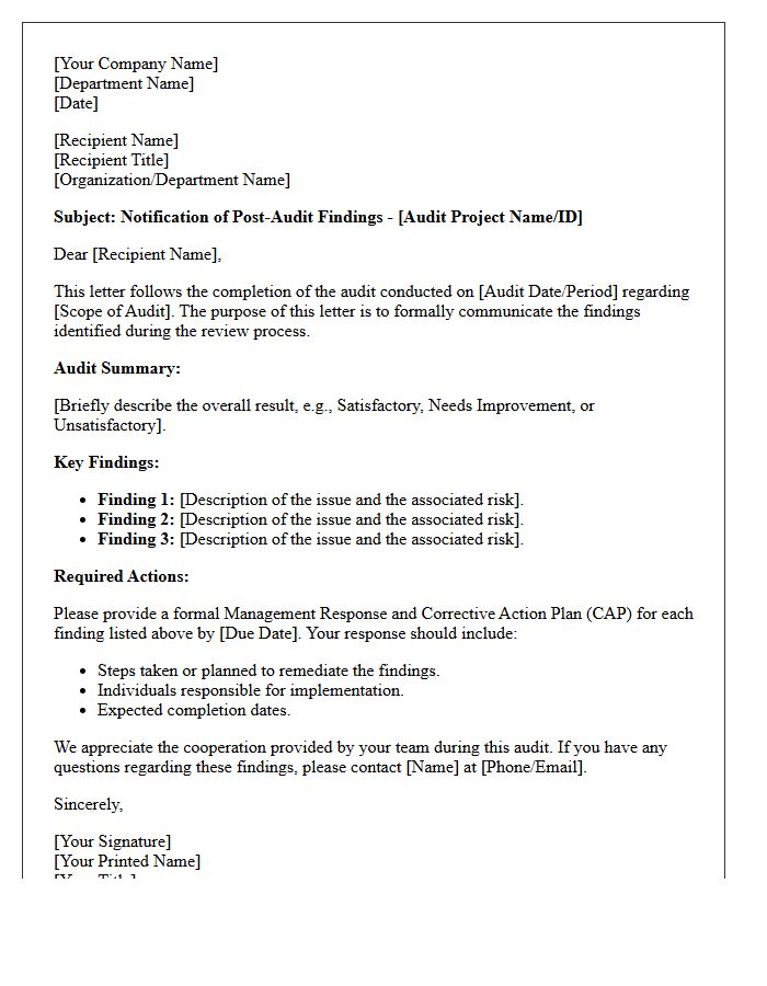 Post-Audit Findings Letter