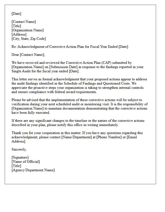 Single Audit Corrective Action Plan Acknowledgment Letter