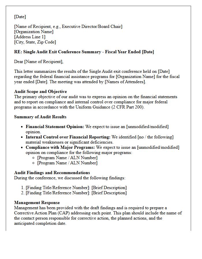 Single Audit Exit Conference Summary Letter