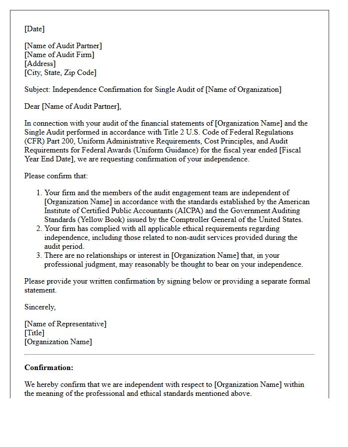 Single Audit Independence Confirmation Letter