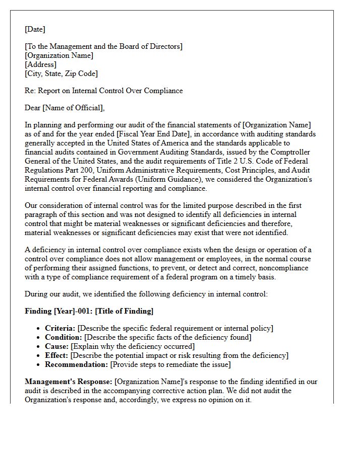 Single Audit Internal Control Deficiency Letter
