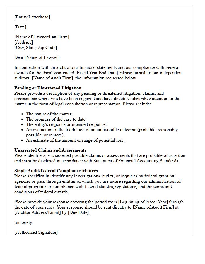 Single Audit Legal Counsel Inquiry Letter