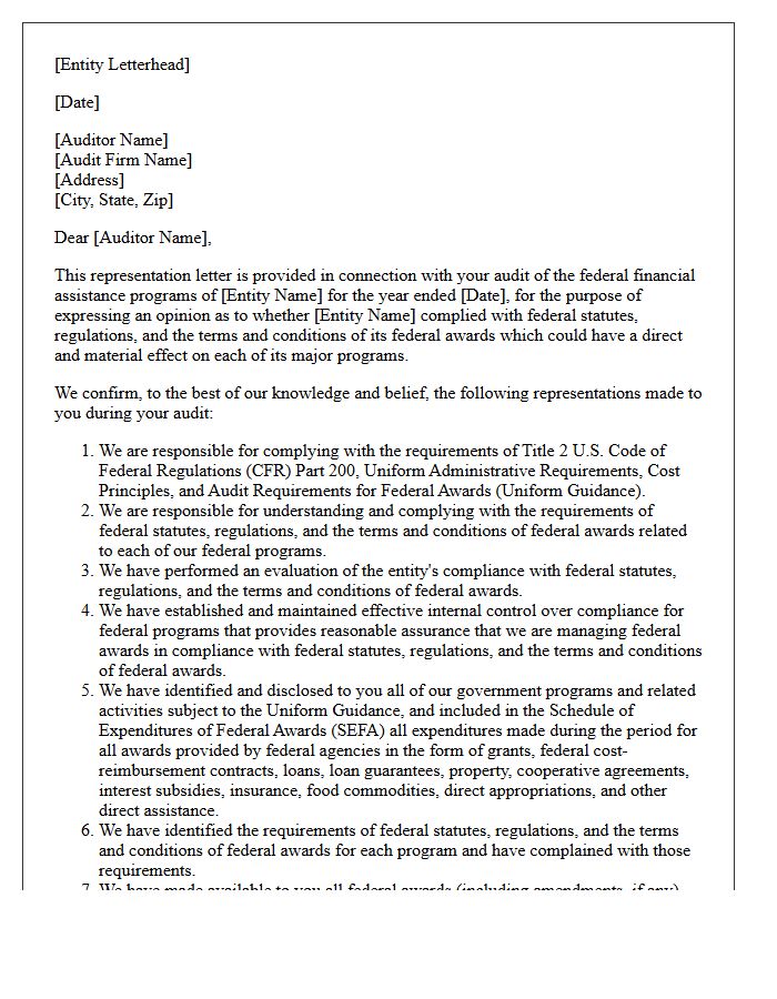 Single Audit Management Representation Letter