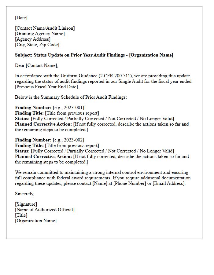 Single Audit Prior Year Findings Update Letter