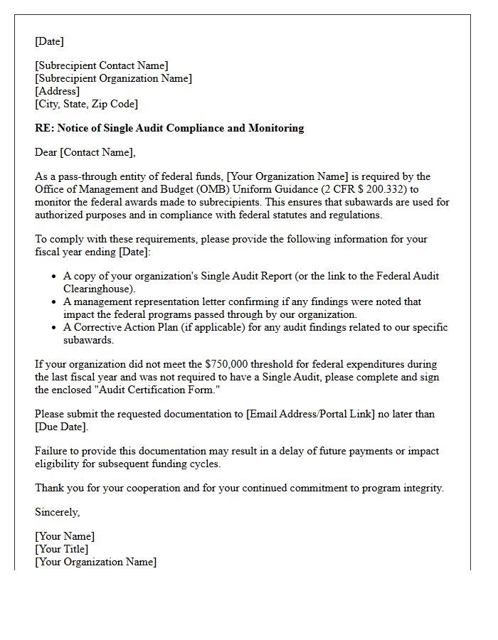 Single Audit Subrecipient Monitoring Compliance Letter