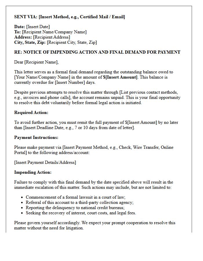 Notice Of Impending Action And Final Demand Letter