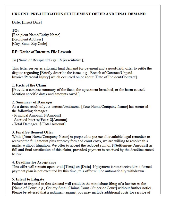 Pre-Litigation Settlement Offer And Final Demand Letter